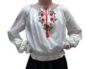 M~L Vtg Hungarian FOLK SHIRT Embroidered Peasant Blouse Top Smocked Side Snap - Picture 1 of 8