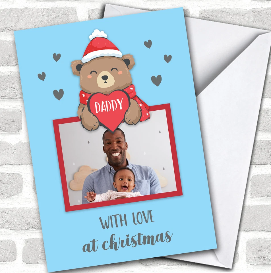 Daddy Christmas Bear Hearts Cute Photo Personalised Christmas Card - Image 1 of 1