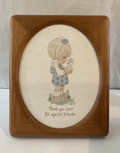 Handmade Vintage Needlepoint Precious Moments Little Girl With Wood Frame - Picture 1 of 10