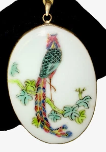 Hand painted Porcelain Peacock  and Silver Plated with Woven 30”Cord Necklace - Picture 1 of 8