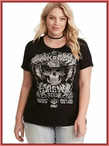 T-shirt TORRID (0X) L 60"s Skull Rock 'n' Roll Rose nera gotica invecchiata nuova con etichette - Foto 1 di 3