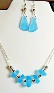 TURQUOISE BAY Sea Glass cultured Beach glass SET  boho SEA  GLASS 20" w earrings - Picture 1 of 8