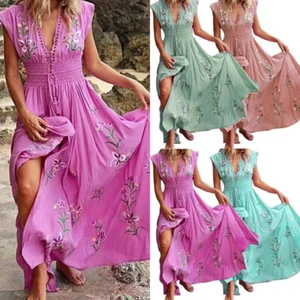 New Women Summer Boho Long Maxi Beach Dress Ladies Evening Party Floral Sundress - Picture 1 of 11
