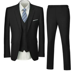 Traje de Hombre Calce Ajustado 3 Piezas Negro L 42R 36W Muesca Solapa 2 Botones - Imagen 1 de 4