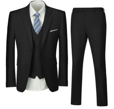 Traje de Hombre Calce Ajustado 3 Piezas Negro L 42R 36W Muesca Solapa 2 Botones Foto 1 de 4