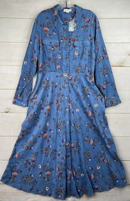 Coldwater Creek Maxi Dress 16 Blue Floral Fine Wale Corduroy Button Up Boho NWT - Image 1 of 4