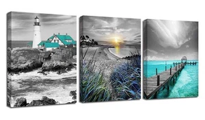Teal Ocean Canvas Wall Art Seascape Blue Painting Lighthouse Coastal Pictures... - Picture 1 of 7