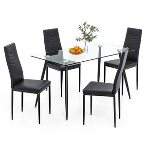 5 PCS 51" Rectangle Dining Set 0.3" Thick Glass Table w/ 4 Padded Dining Chairs - Picture 1 of 7
