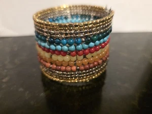 Vintage 80er Jahre bunte flexible Perlen Manschette mit gold & silberfarbenem Rand  - Bild 1 von 8