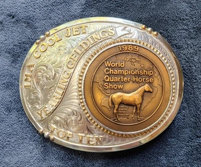 Vtg Vogt World Champion Quarter Horse Show Sterling Silver 10K Gold Belt Buckle - Image 1 of 4