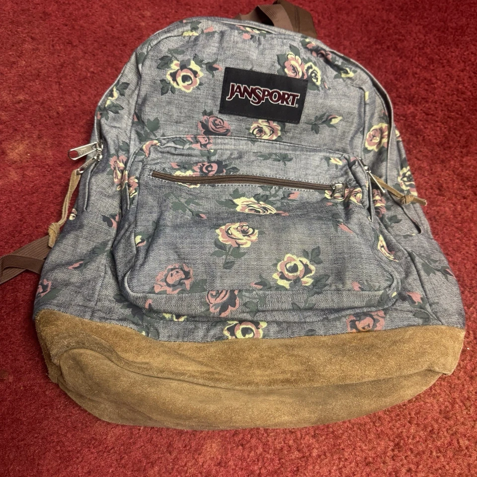Mochila base vintage Jansport gris rosa floral de lona/gamuza Foto 1 de 4