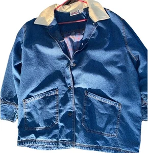 Vintage Bill Blass Denim Chore Jacket 3X Corduroy Collar Plaid Lining Retro Jean - Picture 1 of 9