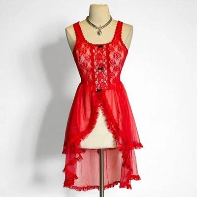 Vintage Red Lace Babydoll Asymmetrical Corselette Dress Sheer Romantic Goth sm - Image 1 of 4