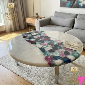 Round Quartz &  Agate Table – Stone Inlay Coffee Table – Luxe Decor 30" - Picture 1 of 19