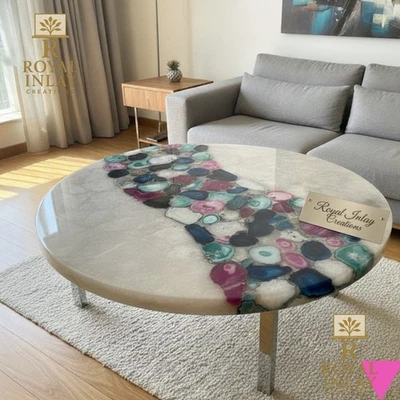 Round Quartz &  Agate Table – Stone Inlay Coffee Table – Luxe Decor 30" - Image 1 of 4