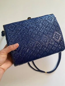 Vintage Royal Navy Blue Rattan Purse, Made in Italy - Picture 1 of 10
