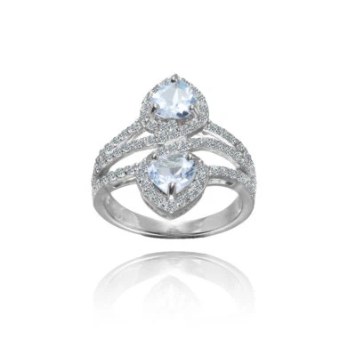 Sterling Silver Blue Topaz and White Topaz Heart Halo Friendship Ring - Image 1 of 3