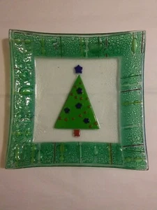 Gorham Handmade Fused Glass Dish Christmas Tree Bubbled Trinket Bowl Decor 6" - Picture 1 of 8