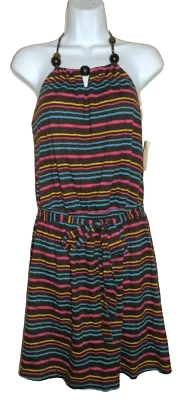 Junior's средний коричневый в полоску с бретелью через шею платье бисер - Изображение 1 из 2