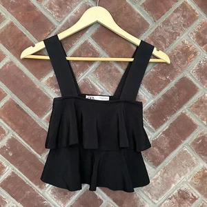 Zara Tank Top Ruffle Crop Black Womens Size Small Stretch Sexy Cute - Picture 1 of 7