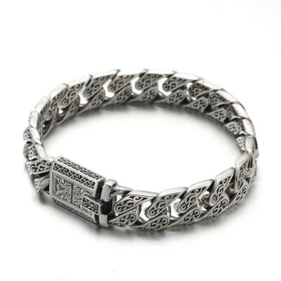Brazalete de cadena de eslabones cubanos bordillo pesado plata esterlina 925 sólida para hombre 12 mm 7,8"" Foto 1 de 4