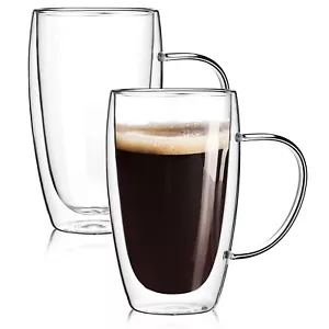 2-Pack 15 Oz Double Walled Glass Coffee Mugs with Handle,Large Insulated Laye... - Picture 1 of 7