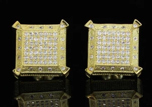 Mens CZ Large Block Studs 15mm Hip Hop 14k Gold Plated Screw Back Earrings - Picture 1 of 7