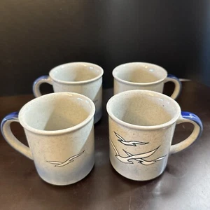 Lot 4 Vintage OTAGIRI Blue Gray Glazed COFFEE MUG Seagulls Birds Hand Painted - Picture 1 of 8