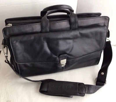 KENNETH COLE NY GENUINO CUERO NEGRO MALETÍN BOLSO MENSAJERO CON CORREA PARA EL HOMBRO Foto 1 de 4