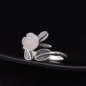 Solid 925 Sterling Silver Natural Jade Women Lucky Retro Leaf Flower Open Ring - Picture 1 of 11
