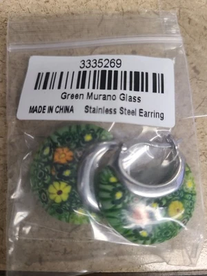 Murano Green Floral Basket Style Glass Earrings Luxury Stainless Steel 316L - Image 1 of 2