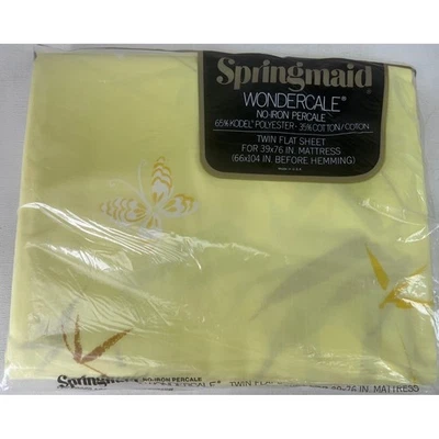 Vintage Springmaid Wondercale Twin Flat Sheet Kabuki Floral Print Yellow New - Image 1 of 4