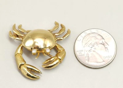 Broche de cangrejo vintage 750 de oro amarillo macizo de 18 quilates con ojos de diamante, 11 gramos 0,08 CTW 3D Foto 1 de 4