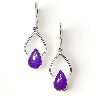Silver Turquoise Drop Earrings Purple Mojave 925 sterling Hooks 4cm Drop New - Image 1 of 4