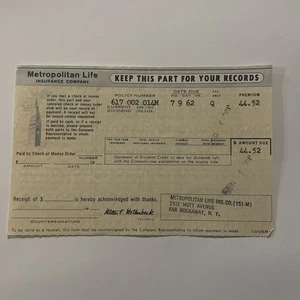 Metropolitan Life Ins. 1962 Payment Receipt - Picture 1 of 2