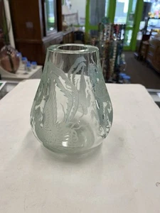 Thick Etched Art Glass Asian Vase Dragon & Phoenix Bird Chinoiserie Design - Picture 1 of 6