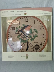Robin Wall Clock & Thermometer Garden Outdoor Indoor 12 inch Robin Birds Design - Picture 1 of 5