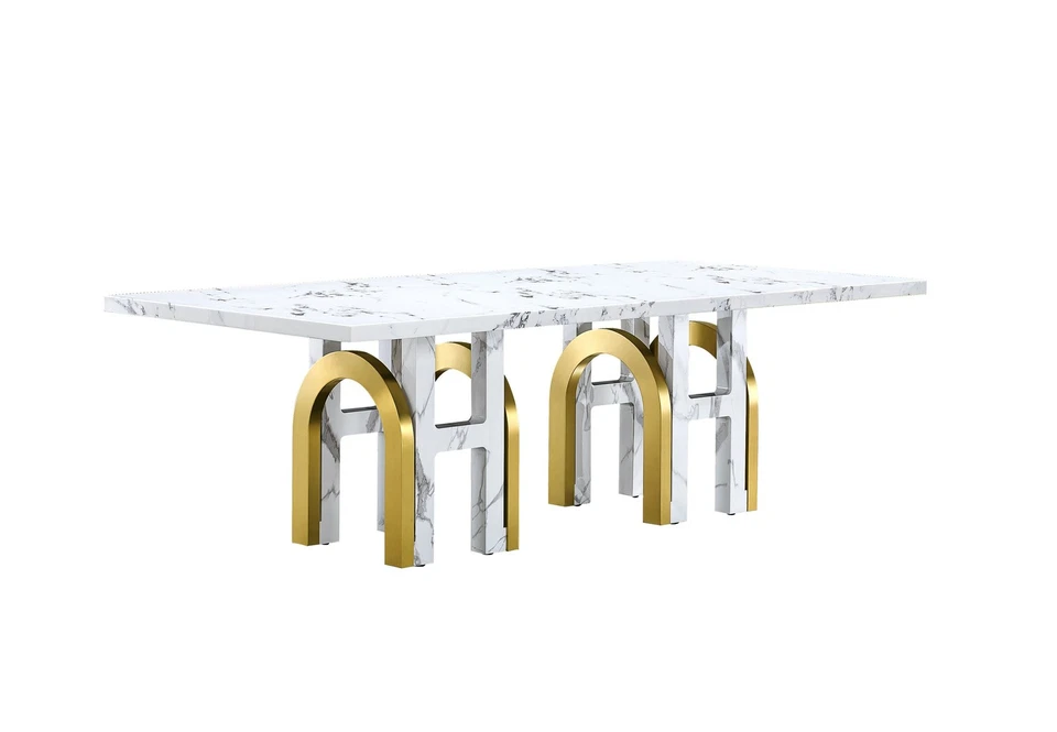 Martini Lujosa Mesa de Comedor Tapa de Mármol Base Geométrica Arcos de Metal Dorado Blanco Foto 1 de 1