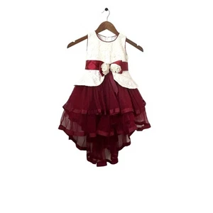 Girls Burgundy Party Dress with Floral Bow High-Low Tulle Gown No Size Tag - Picture 1 of 5