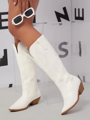 New Women's Embroidered Cowboy Cowgirl Western Knee High Boot Block Heel Pull-On - Image 1 of 4