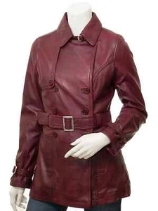 New Vintage Soft Lambskin Leather Women Real Trench Coat Real Maroon Handmade - Picture 1 of 6