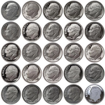 Juego de 26 monedas de diez centavos S Roosevelt 1992-2017 90 % gema de plata camafeo profundo a prueba de funcionamiento Foto 1 de 3