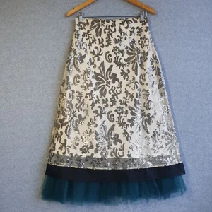 Megan Salmon Skirt Sz 10 White Silver Sequin Green Tulle Midi Arty Unique - Picture 1 of 7