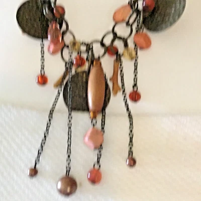 Beaded Multi Strand Necklace Gunmetal Tone Amber color and Coral Crackle Beads - Image 1 of 4