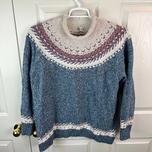 Donna L.L. Maglione Ragg Cotone Fagiolo Isola Fiera Scollo ad Imbuto Taglia 1X Pullover Blu - Foto 1 di 4