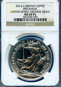 2014 NGC GB Britannia 2 Pounds MS69 PL 1oz Silver Lunar Horse Obv Mule MS-69 PL - Picture 1 of 3