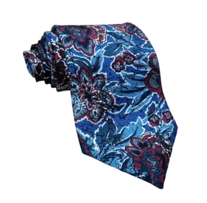 Vintage Oscar de la Renta Neck Tie 100% Silk Blue & Maroon Floral USA Made - Picture 1 of 4