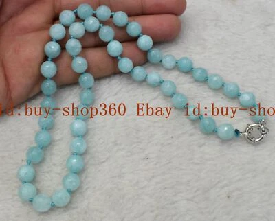 Pretty 8mm Faceted Blue Aquamarine Gemstone Round Beads Necklace 18'' - Image 1 of 4
