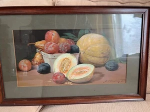 Vintage Antique Colorful Still Life Fruit Pears, Melons Print Signed 1895 Framed - Picture 1 of 14