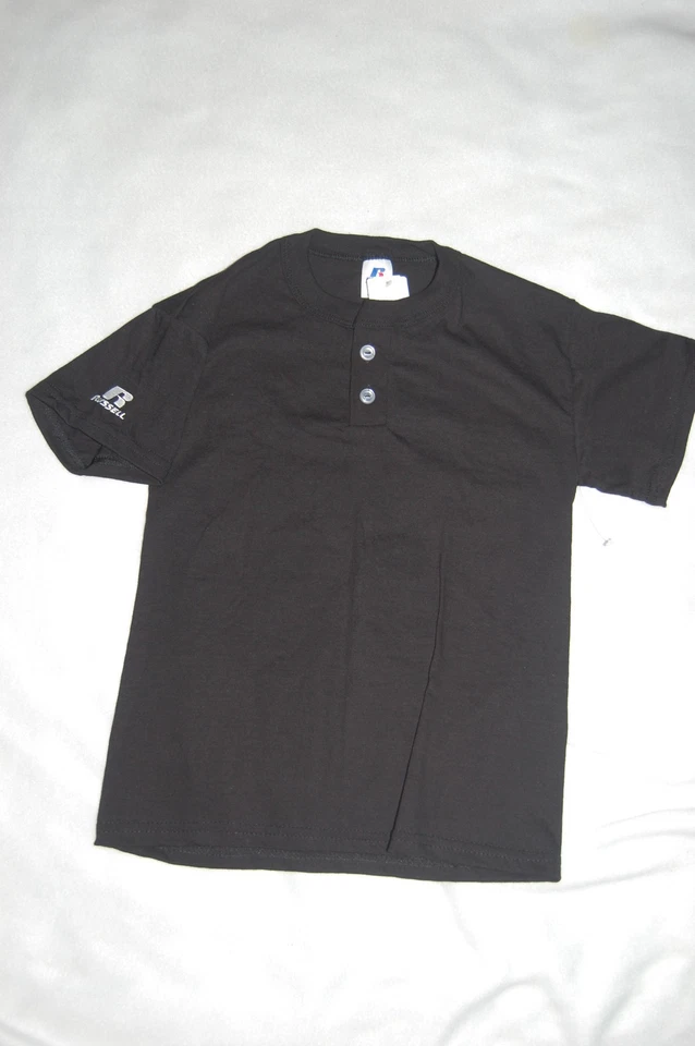 Boys BLACK S/S HENLEY T-SHIRT Russell Athletics SIZE S M L  - Image 1 of 1